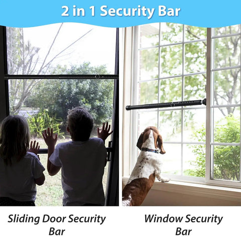Two In One Sliding Door Security Bar Adjustable From 16 To 51 Inches Two Pack Heavy Duty Interior Window And Patio Door Security Rod Black Childproof Extra Long Fits Most Sliding Glass Doors And Windows With Adjustable Width For Easy No Tool Installation shown installed on window and door.