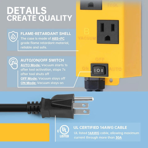 Close-up of Ortis Smart Vacuum Switch with auto on/off control and delayed start, showing flame-retardant shell and UL certified cable.