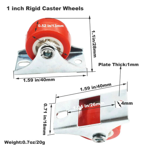 1 Inch Rigid Plate Caster Wheels No Brake For Furniture 6 Pack With Free Screws Red PVC Screw Or Bolt Mount