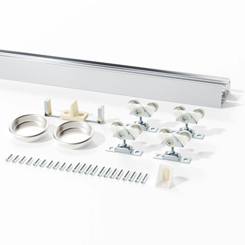 60 Inch Bypass Sliding Door Hardware Kit for Closets and Living Spaces, 5ft Double Track System with silver aluminum rail and parts