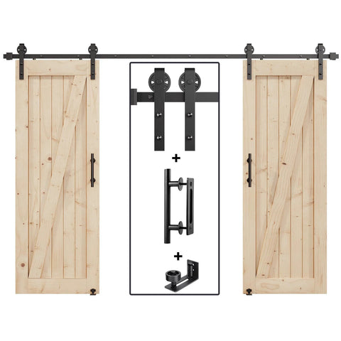 10 Foot Double Door Sliding Barn Door Hardware Track Kit With Handle Industrial Spoke Wheel Wall Mount Quiet Glide Easy Install Black Finish 108 Inch Track Fits 50 To 52 Inch Opening. Includes wooden doors, spoke wheels, handle and wall mount.