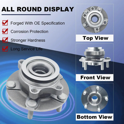 Front Wheel Bearing Hub Assembly Replacement For Nissan Rogue 2008 2013 Rogue Select 2014 2015 Sentra 2008 2012 2.5L 4 Cylinder Only 5 Lug Direct Fit Installation Ready, showing front, top, and bottom views.