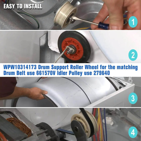 Upgraded 4392067 Dryer Repair Kit With W10837240 Idler Pulley, WPW10314173 Drum Roller, 661570V Belt, 279640 Kit Installation Steps