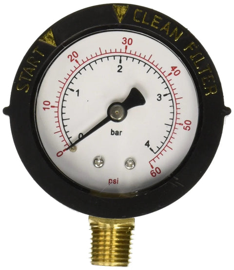 Front view of a round pressure gauge with brass threaded inlet, white dial, bar and psi scales, black bezel.