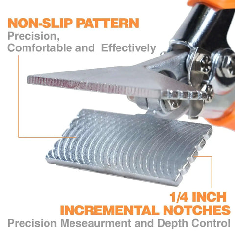 Close-up of Pro-Grade 6 Inch Sheet Metal Hand Seamer with ergonomic grip, straight jaw, showing non-slip pattern and 1/4 inch notches.