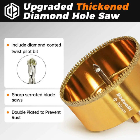Close-up of Serrated Diamond Hole Saw Kit For Precise Drilling In Porcelain Ceramic Tile Granite And Marble With 2 Removable Pilot Bits Easy Align One And A Quarter Inch Hole Saw Built Tough DaduoRi shown with serrated blade and pilot bit.