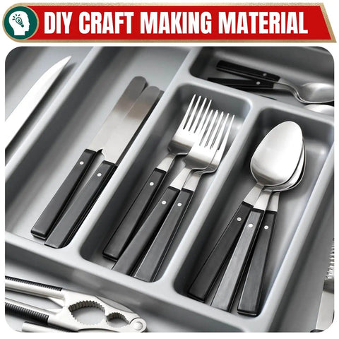 Black-handled cutlery set in a drawer organizer labeled 'DIY Craft Making Material'.