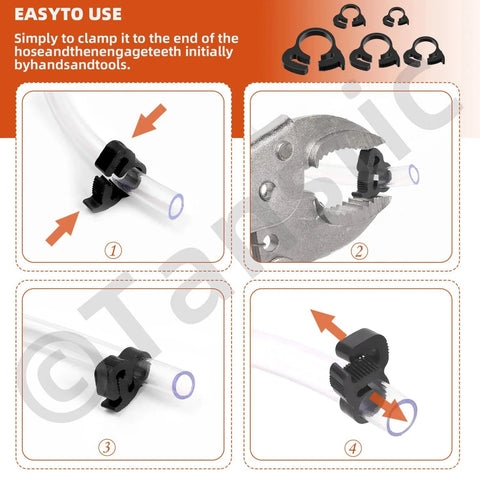 56 Pieces Nylon Hose Clamps Set In 5 Sizes Double Snap Grip Heavy Duty Ratcheting Clamps in use with snap fastener tool
