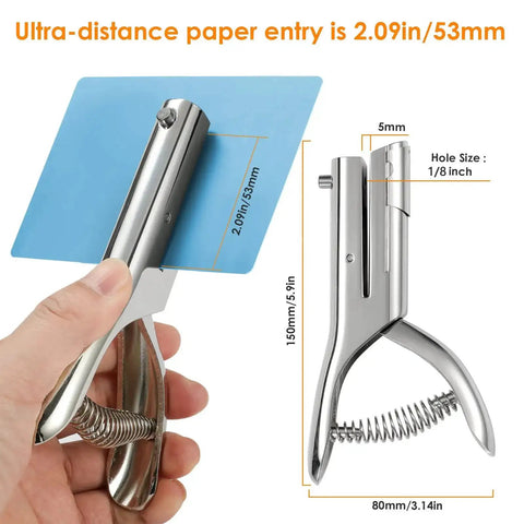 Beefy Heavy Duty Hand Held Hole Punch With 2 Inch Reach One Eighth Inch Hole Long Paper Punch for Cards Plastic Cardboard