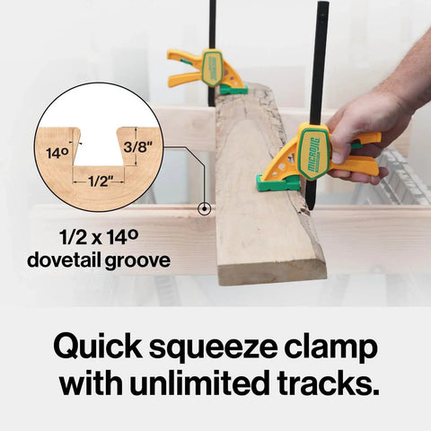 Grr-rip Grip-Strong Dovetail Clamps Two-Pack For Woodworking Jigs And Sleds - T-Track Compatible Squeeze-Action Clamp Set, 150 Lbs Holding Power, Fits One Half Inch Dovetail Grooves, Yellow in use on wooden plank.