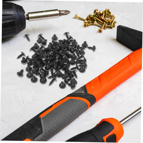 Miniature Metal Screws Set Of 100 Self Tapping Mounting Fasteners For Furniture Repair And DIY Projects shown with tools