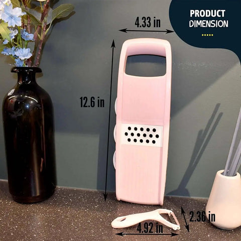 Pink 5 In 1 Mandoline Slicer For Veggies And Potatoes With Peelers Graters And Waffle Fry Cutter Easy Prep Tool shown with dimensions
