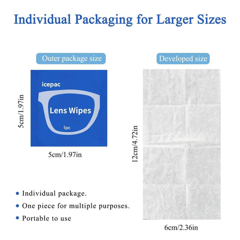 Diagram showing individual packaging and size details of 320 Premoistened Cleaning Wipes For Glasses Screens And Cameras.