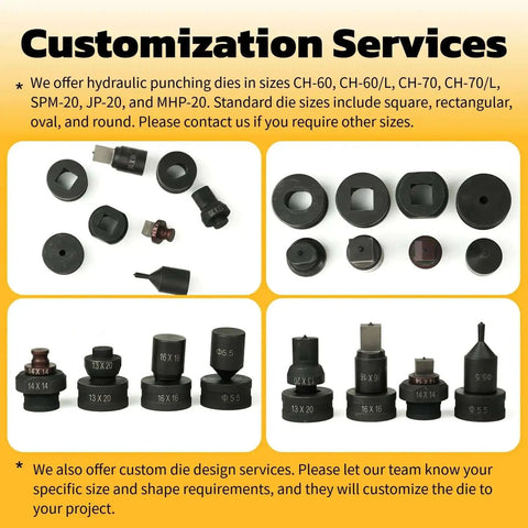 Hydraulic punch die customization services, featuring various sizes and shapes for CH-60, CH-70, SPM-20 presses.
