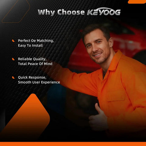 Mechanic smiling with thumb up next to car, text on image highlights product benefits for car parts by Keyoog.