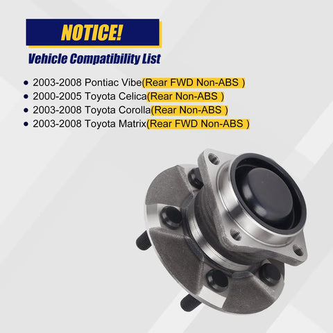Rear Wheel Bearing And Hub Assembly 512218 Compatible With Toyota Celica 2000 2005 Corolla 2003 2008 Matrix 2003 2008 Vibe 5 Lug Non ABS