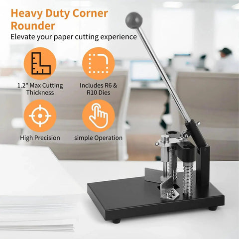Hand Operated Corner Rounder Cutter with R6 and R10 Dies for paper and laminate, heavy duty tool, shown with cutting specs and lever.