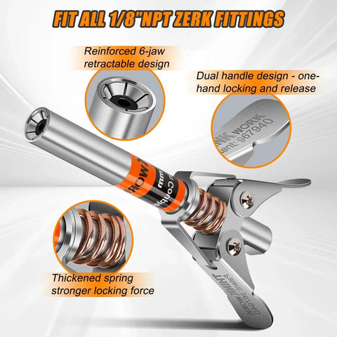 Grease Gun Coupler Set With Double Handle For Extra Reach And 90 Degree Adaptor One Eighth NPT Fittings And Cleaning Tool Plus Narrow Needle Dispenser For Jaw Type Couplers And High Pressure 12000 PSI Use With All Grease Guns Thinkwork, showing reinforced 6-jaw retractable design.