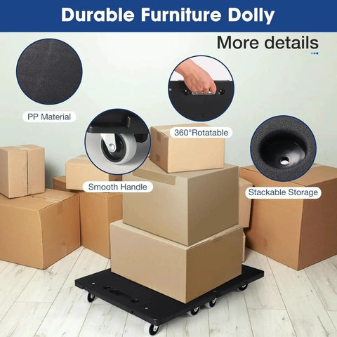 Heavy Furniture Moving Dollies with Wheels, 2 Set, shown with cardboard boxes, highlighting 4-wheel design and smooth handle features.