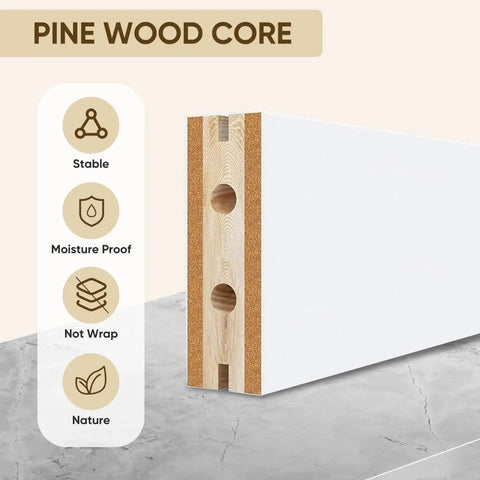 Cross-section of a barn door with pine wood core showing stability, moisture-proof, and natural qualities.
