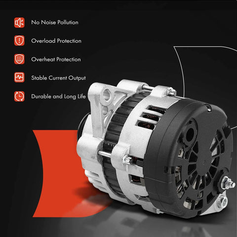 Alternator Replacement For Chevy Aveo 2004-2008, Aveo5 2006-2008, Pontiac Wave 2005-2008, Suzuki Swift 2004-2008 1.6L L4 85Amp 12V Clockwise 6-Groove Pulley Drop-In Direct Fit 3-Pin Regulator Replace 96540542 96954113. Close-up view with features like no noise pollution, overload and overheat protection, and stable current output displayed on the side.