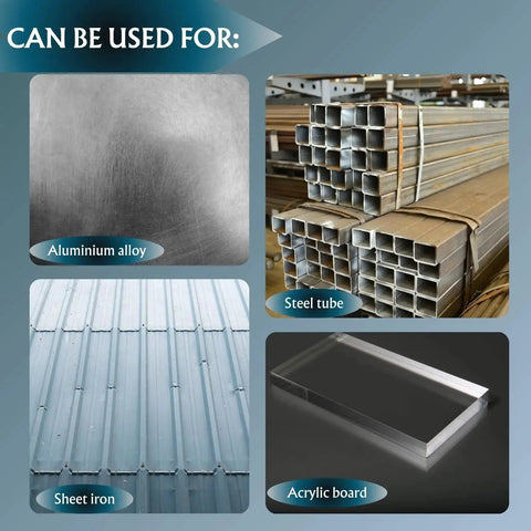 Examples of materials the Jack Nut Kit With Heavy Duty Rivet Gun can be used on, including aluminum, steel tubes, sheet iron, and acrylic.