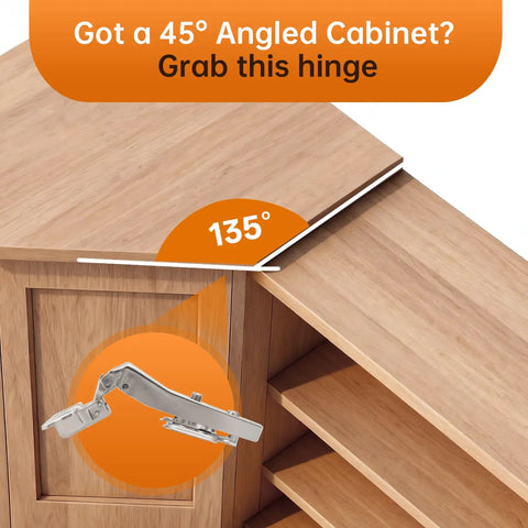2 Pack 45 Degree Corner Cabinet Hinges For Frameless Diagonal Wall Cabinets in use on 135° angled wooden cabinet