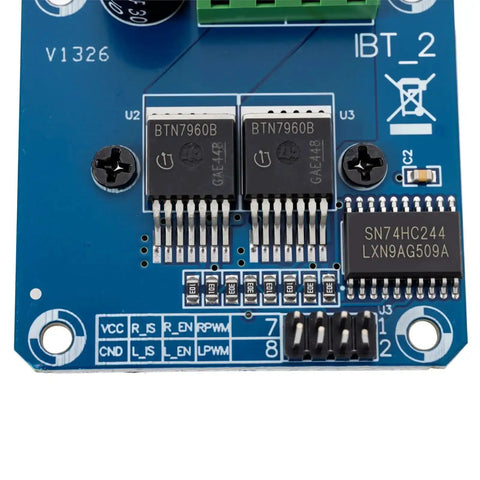 Close-up of 4 Piece BTS7960 43A High Power Motor Driver Module Set for Arduino Projects showing PCB and circuit components