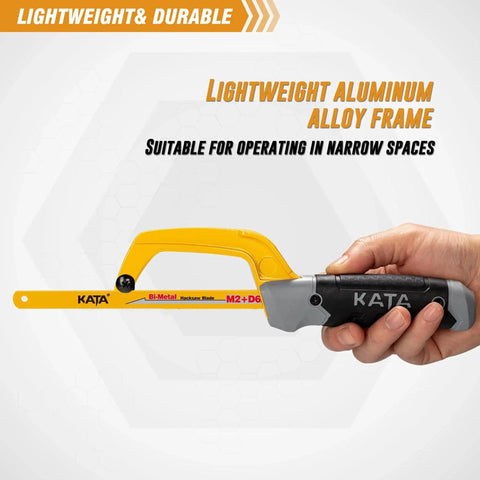 Compact Mini Hacksaw For Metal Cutting With 10 Inch Aluminum Frame And Two Bi Metal HSS Blades Lightweight Ergonomic Grip