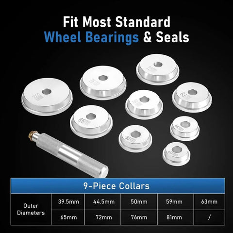 Pro Grade 10 Piece Wheel Bearing Press Kit With Seal Driver And Universal Adapters Includes Nine Double Sided Bearing Adapters And Seal Installer For Fast Hassle Free Bearing Race And Seal Replacement On Cars And Light Trucks shown with all components