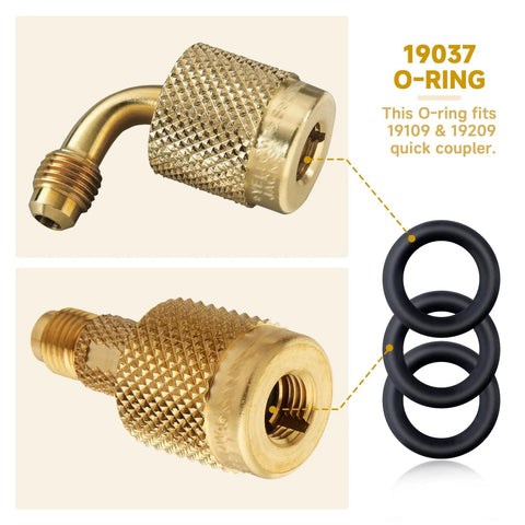 O-ring seals, 10-pack 19037 for 1/4 inch quick couplers; brass fittings with black rubber gaskets.