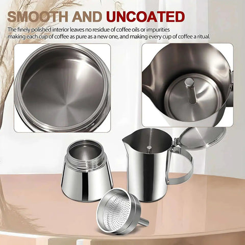 Uncoated 2 Cup Moka Pot Thick 304 Stainless Steel Stovetop Espresso Coffeemaker For Home Travel Camping Brews Like A Pro Rich Italian Style Greca Cafe Mocha Pot 100ml 3.3oz, disassembled view showing lid, filter, and base