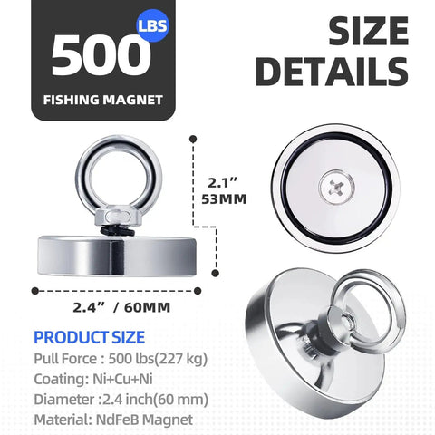 Neodymium Fishing Magnet 60mm 500lb Pull 65ft Rope For Lake Beach Lawn with measurements and material details