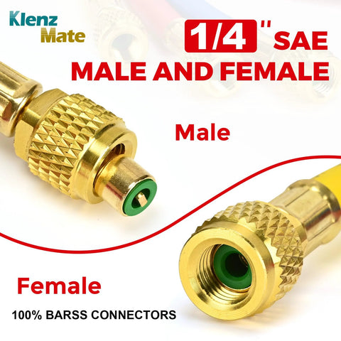 1/4 in refrigerant charging hose set with brass male and female connectors; color-coded yellow, red, blue (3)