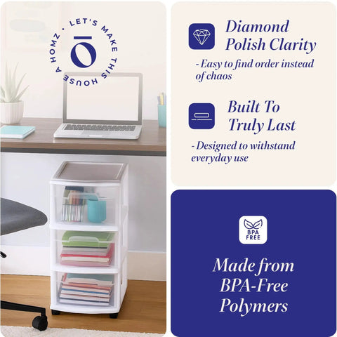 Three Tier Rolling Storage Cart With Removable Wheels In White Frame, Clear Bin Drawers placed under desk for home office organization