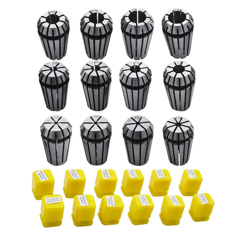 12-piece ER16 spring collet set with yellow storage boxes, for CNC milling lathe workholding and engraving, 1/32 to 3/8 inch range.
