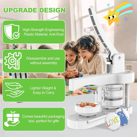 Button maker machine 58mm, white plastic hand-crank, front view with sample round buttons