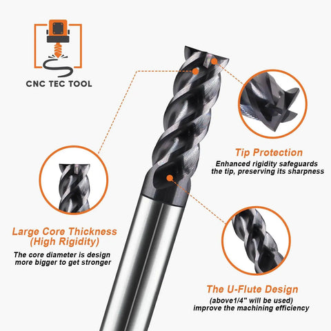 Close-up of five eighths inch four flute square end mill with forty five degree helix carbide end mill, Pro Grade AlTiCrN coated.