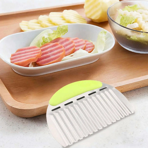 Crinkle Fry Cutter For Potatoes And Veggies With A Sturdy 0.6mm Stainless Steel Blade And Non Slip 13mm Handle on kitchen counter