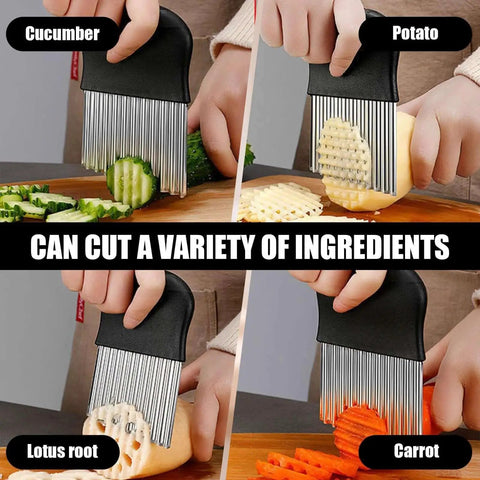 Crinkle Cutter For Veggies And Fries, Stainless Steel Wavy Slicer, French Fry Cutter For Potatoes Carrots Cucumbers And More, Durable Kitchen Gadget For Even Textured Slices And Easy Prep, Black cutting cucumbers, potatoes, lotus root, and carrots in four images.