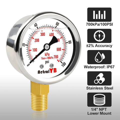 AetralYB pressure gauge, 2-inch dial, glycerin-filled, 0-100 psi, stainless steel, 1/4 in NPT lower mount.