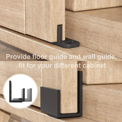 Compact 6 Foot Sliding Barn Door Hardware Kit For Double Doors And Small Cabinets showing floor guides on wood surface