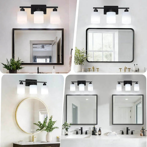 Three Light Black Matte Vanity Light Fixture With Milky White Frosted Glass Shades For Bathroom Over Mirror installed view