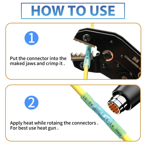 Heat Shrink Butt Connectors for marine/auto wiring; step-by-step crimping then heat with a heat gun.
