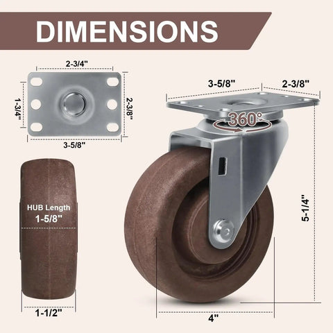 Hi Temp Glass Filled Nylon Caster Wheels For Ovens And Bakery Racks Set Of 4 With 2800 Lb Capacity dimensions shown