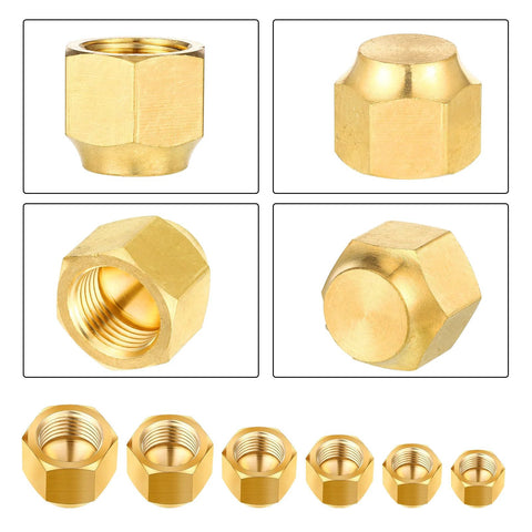 Six brass pipe cap fittings shown from multiple angles, with internal threads for 1/4–3/4 in OD tubing.