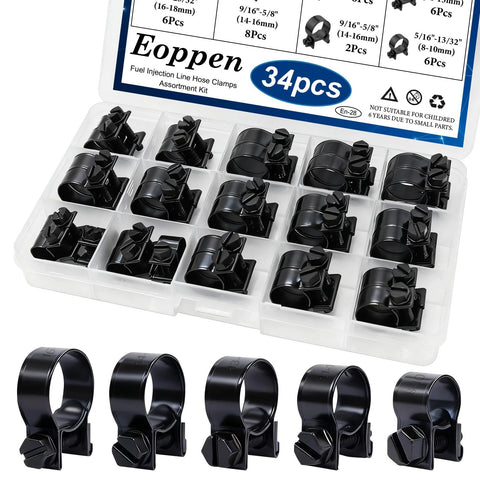Eoppen 34-piece fuel line clamp kit with black hose clamps in a clear case, sizes 8-18 mm and 1/4, 5/16, 3/8 inch.