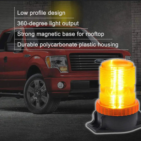 Amber LED strobe beacon with magnetic rooftop base next to a red pickup truck