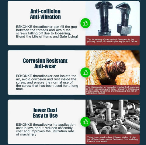 Infographic showing ESKONKE threadlocker benefits including anti-vibration, corrosion resistance, and ease of use for mechanical fasteners.