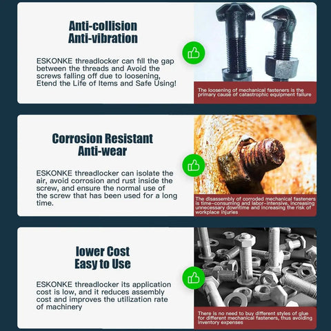 Three panels showing uses and benefits of thread locker on bolts, including anti-vibration, corrosion resistance, and ease of use.